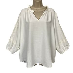 Chicos Top Size 3 White Ruffle Crochet Lace Peasant Puff Sleeve Boho Flowy Tunic
